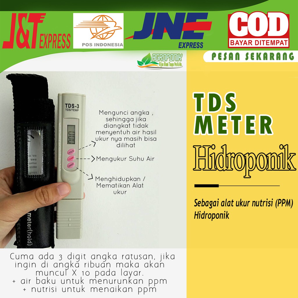 TDS METER HIDROPONIK ALAT UKUR AIR ALAT UKUR HIDROPONIK TDS-3 TDS METER HOLD TDS PPM METER