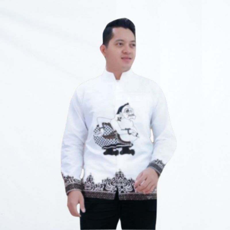 Kemeja Batik Pria Lengan Panjang Pendek Atasan Baju Koko Cowok Modern Motif Wayang Semar Hitam Putih