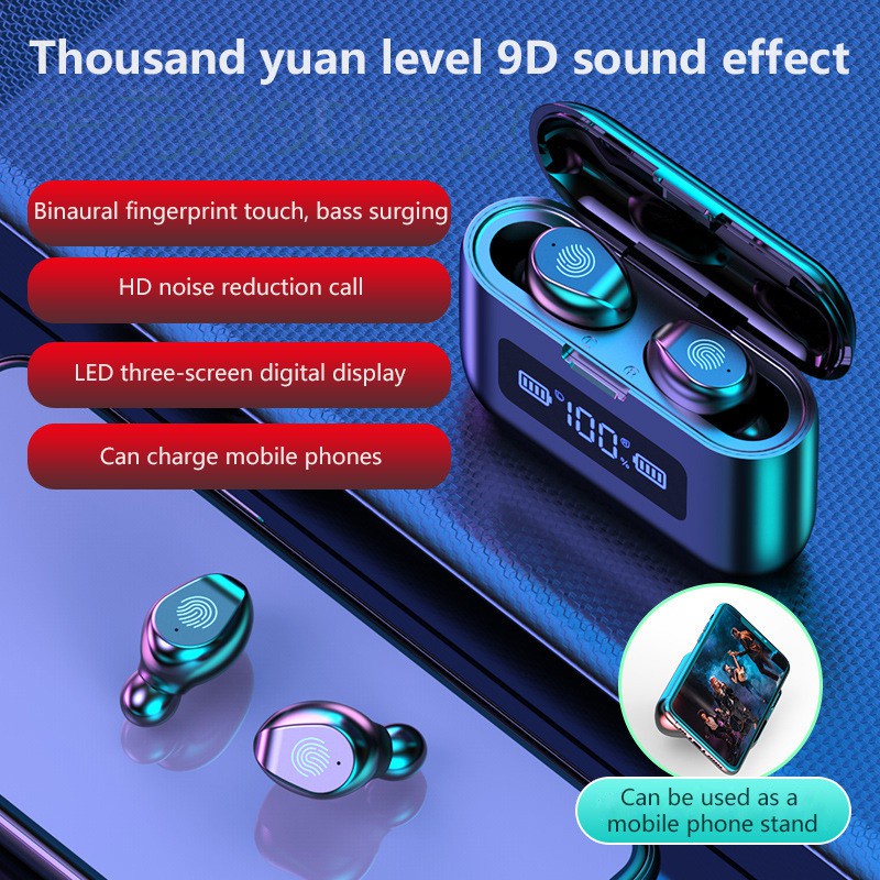 (COD) F9-5 Headset Bluetooth 2200mah Power Bank TWS with Mic 9D Bass Stereo Handset Water Proof Earbud 5.0 Wireless Earphone