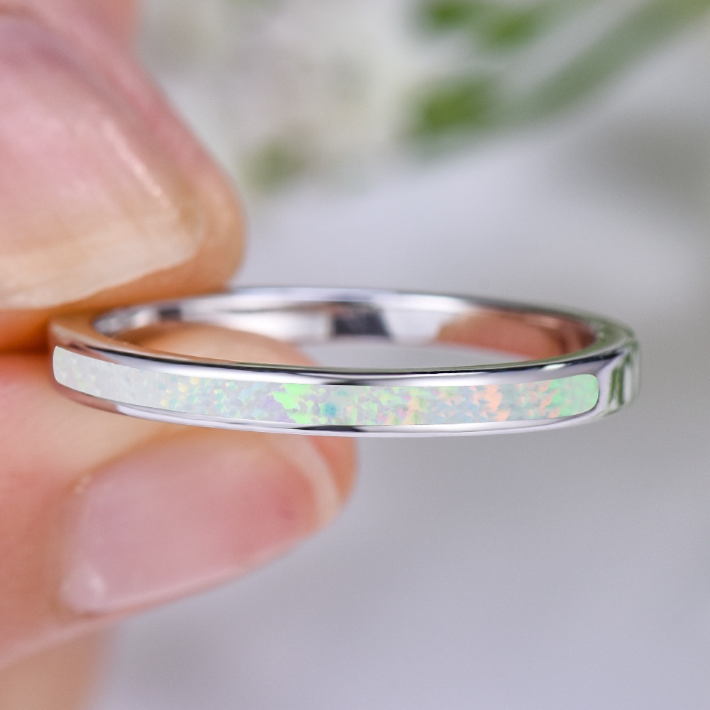 New European and American imitation inlaid blue opal 4mm silver ladies fashion simple thin ring