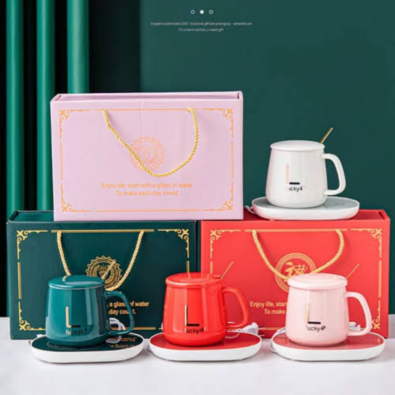 Lucky Gift Coffee Cup and Saucer Cangkir Keramik Lengkap Dengan Alat Pemanas