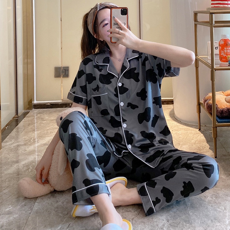 BAJU TIDUR PIYAMA SET KEMEJA CP LENGAN PENDEK CELANA PANJANG IMPORT PREMIUM BANYAK MOTIF 3-Susu Hitam