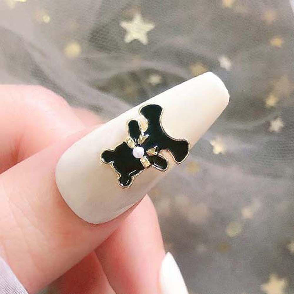 Mxbeauty Bears Nail Art Dekorasi Fashion Bor Kuku Hitam Putih Alloy 3D Perhiasan Kuku