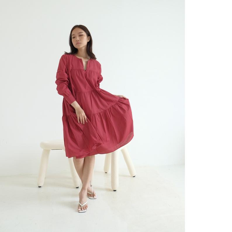 ☈ COTTONBELLS CASUAL DRESS WANITA LETIZIA PLAID V RUFFLE COMFY MIDI (AR - D 3829) ♦