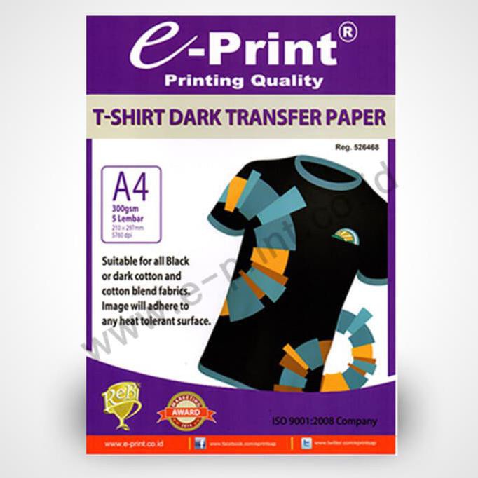 

e-Print T-Shirt Dark Transfer Paper A4 - Kertas Print Sablon 5 lembar