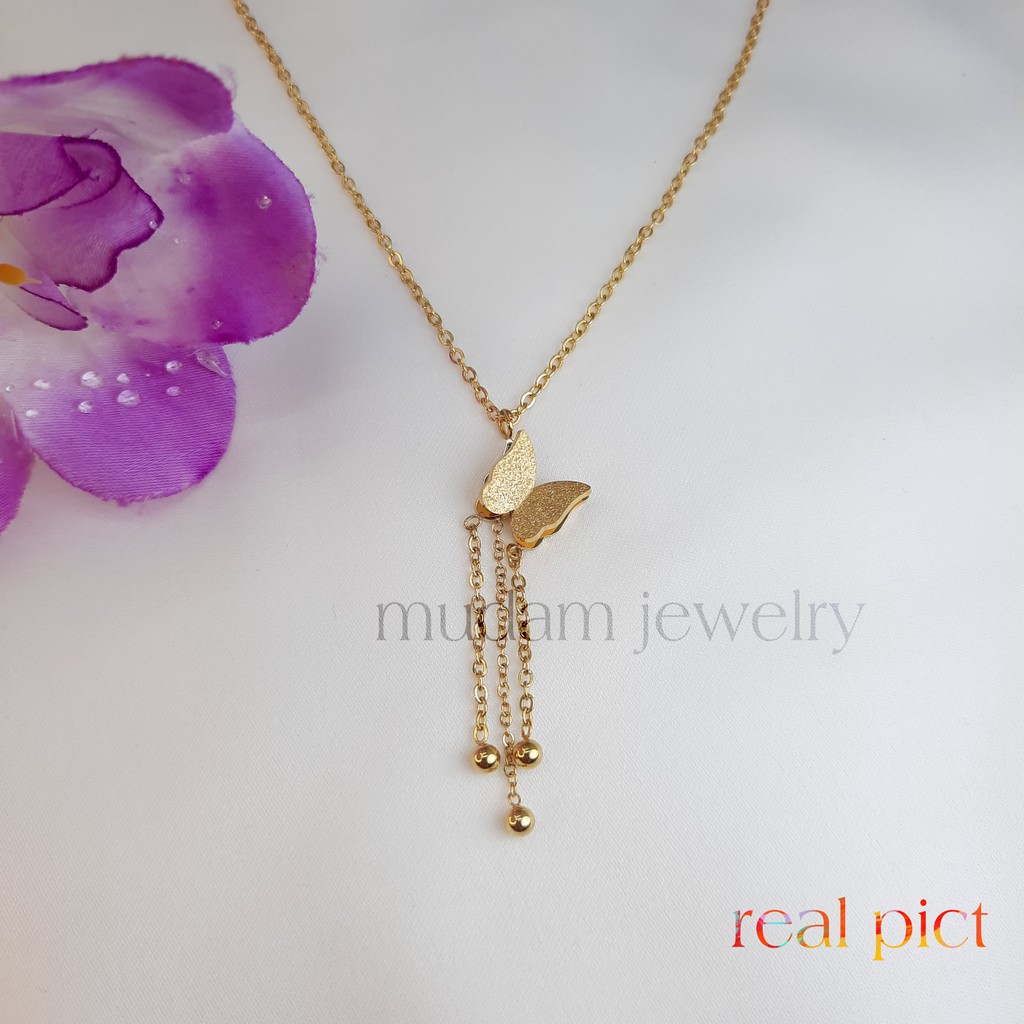 Kalung Rantai Titanium Kupu - Kupu Dengan 3 Bandul Bulat Tersedia Warna Rose gold, Gold dan Silver