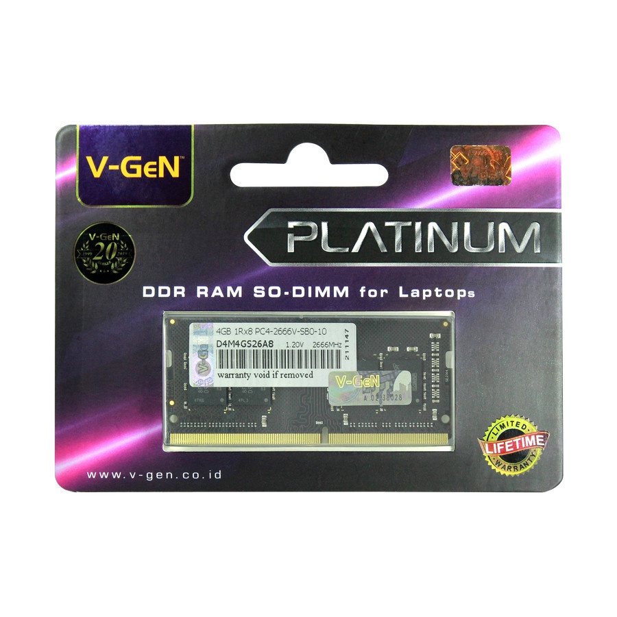 RAM DDR4 SODimm V-GeN Platinum 4GB PC21300/2666Mhz (Memory Laptop VGEN)