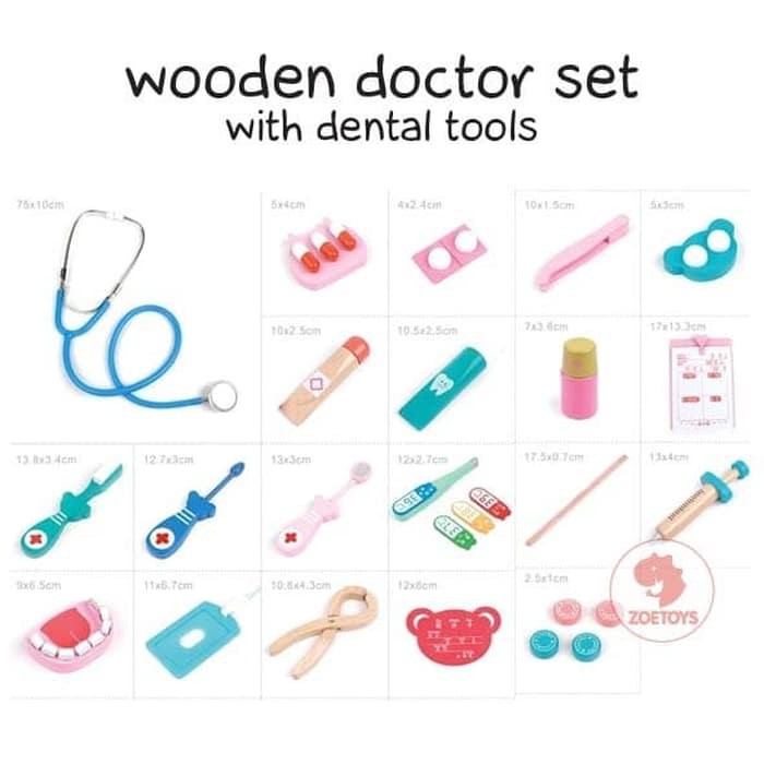 Zoetoys Wooden Doctor Set With Dental Tools A B  | Medical Set Kit Dokter Gigi Dentist Pretend Play Toys | Mainan Red blue Dokter Dokteran umu | Cari Kado Natal