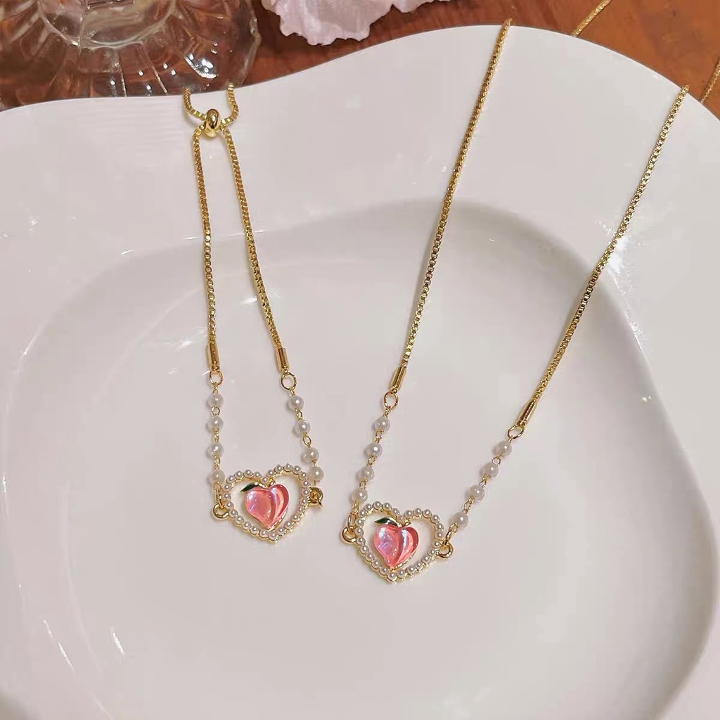 YEEZII Kalung Rantai Choker Liontin Hati Hias Mutiara Warna Pink Untuk Wanita