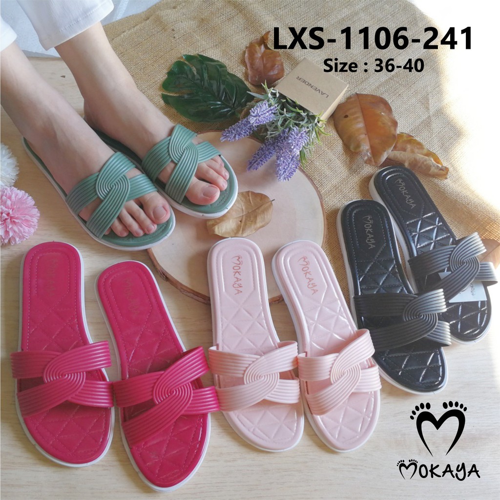 Sandal Slop Wanita Ban Silang Polos Garis Cantik Elegant Import Mokaya / Size 36-40 (LXS-1106-241)