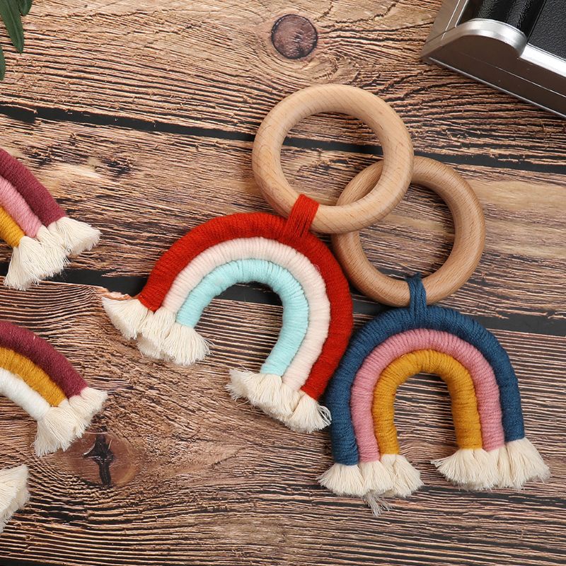 Mary Mainan Teether Ring Kayu Macrame Rumbai Warna Pelangi Untuk Dekorasi Stroller Bayi