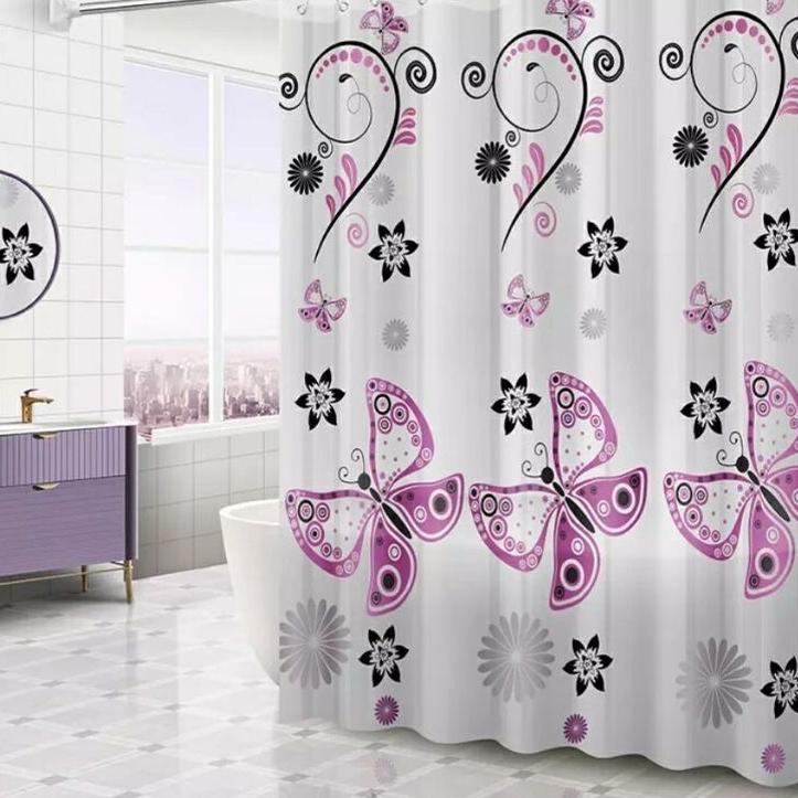 (1 set) Tirai kamar mandi plus Tiang kamar mandi / Tiang gorden+Tirai shower curtain