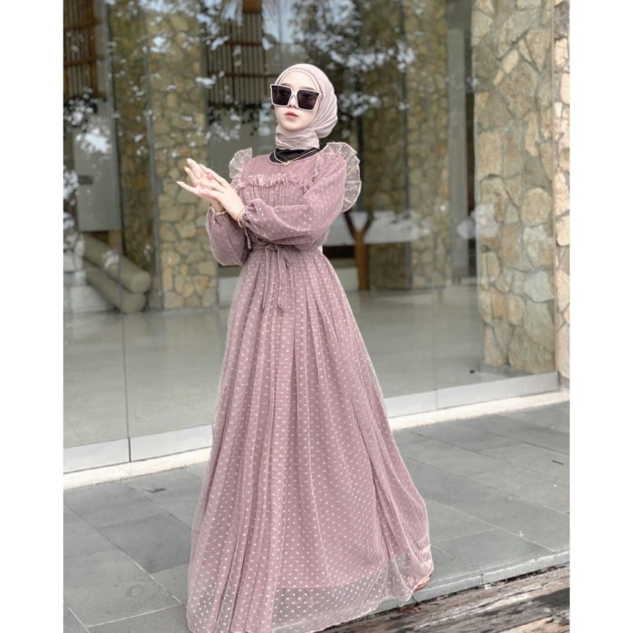 Gamis wanita Maria Dress / Gamis Brukat / Gamis Kondangan / Gamis Wanita / Lilac - Dusty remaja puti