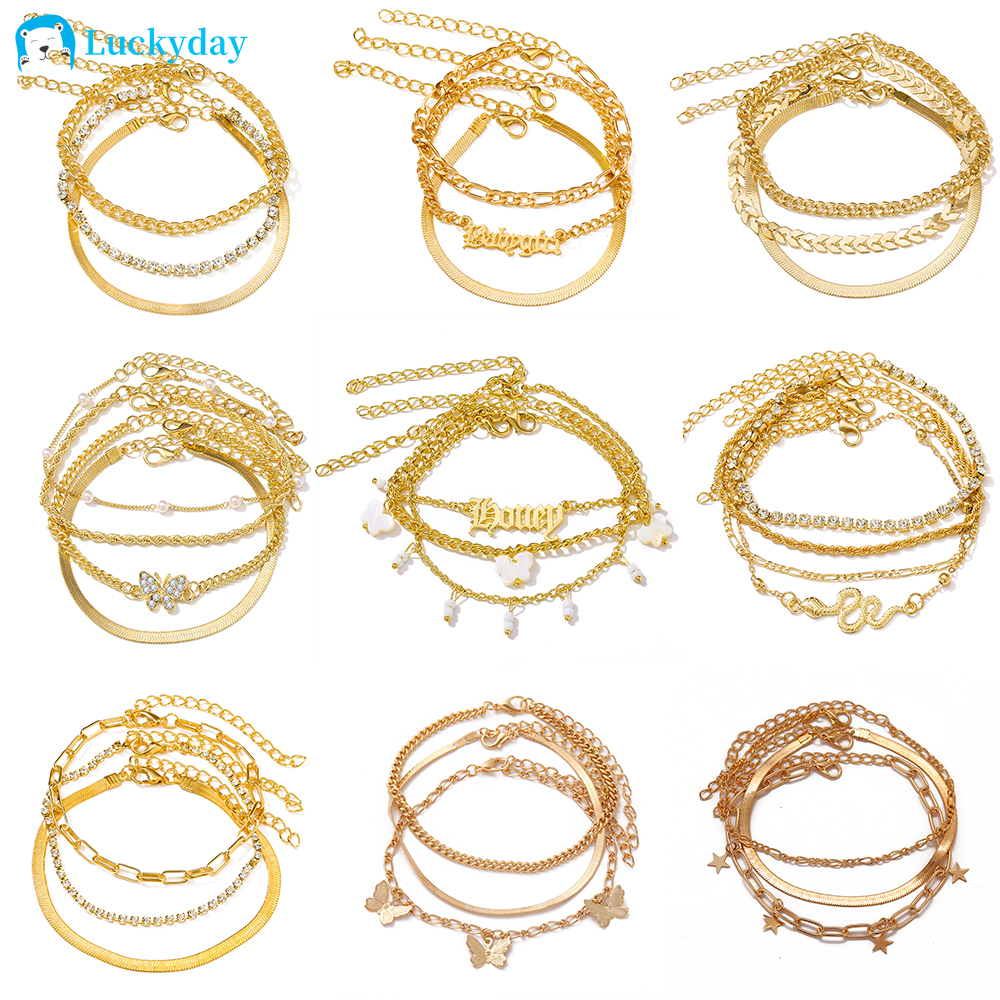 YEEZII Set Gelang Multilayer Desain Kupu-Kupu Warna Emas Gaya Retro Bohemian Untuk Wanita