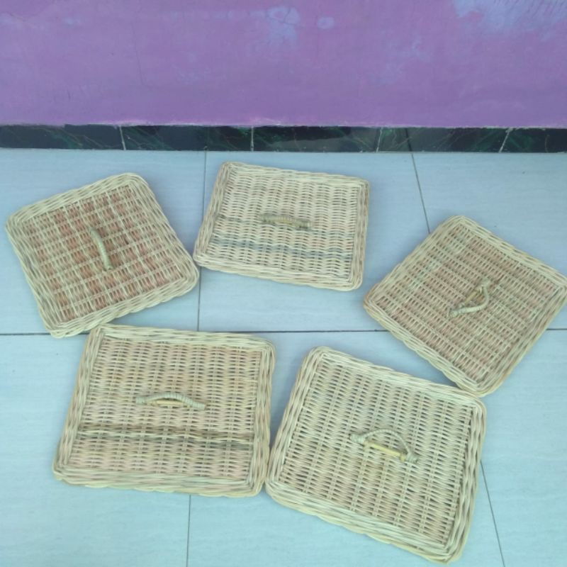 Keranjang tutup rotan besar persegi kotak penyimpanan barang keranjang motor belakang depan 35x30x21 cm