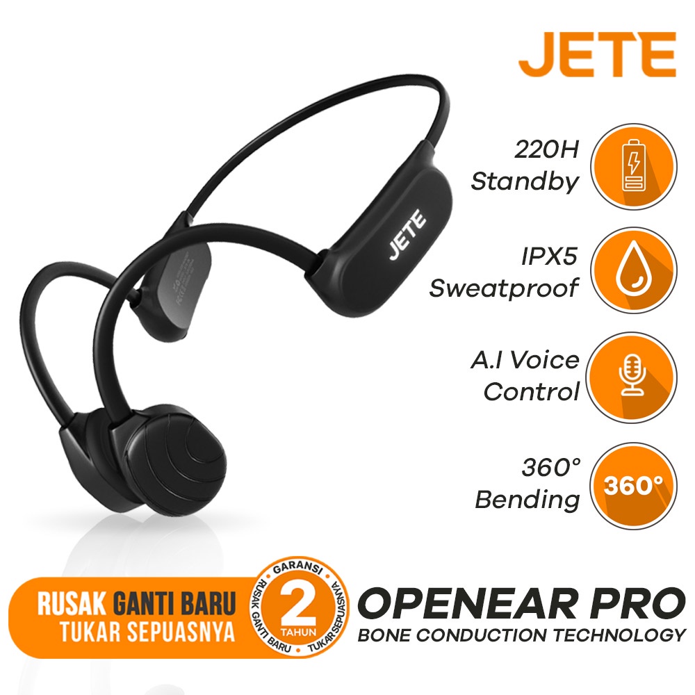 Headset Bluetooth JETE Open Ear Pro - Bone Conduction, IPX5, Hitam|Merah