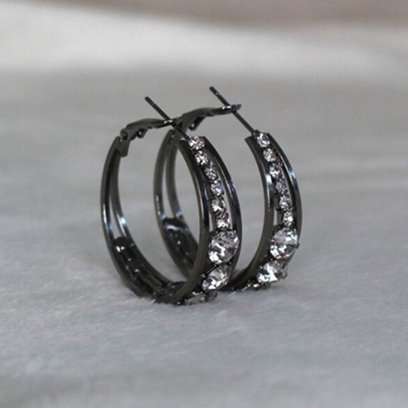 Anting Hoop Bentuk Bulat Geometris Bahan Cubic Zirconia Berlian Imitasi Warna Silver Untuk Wanita