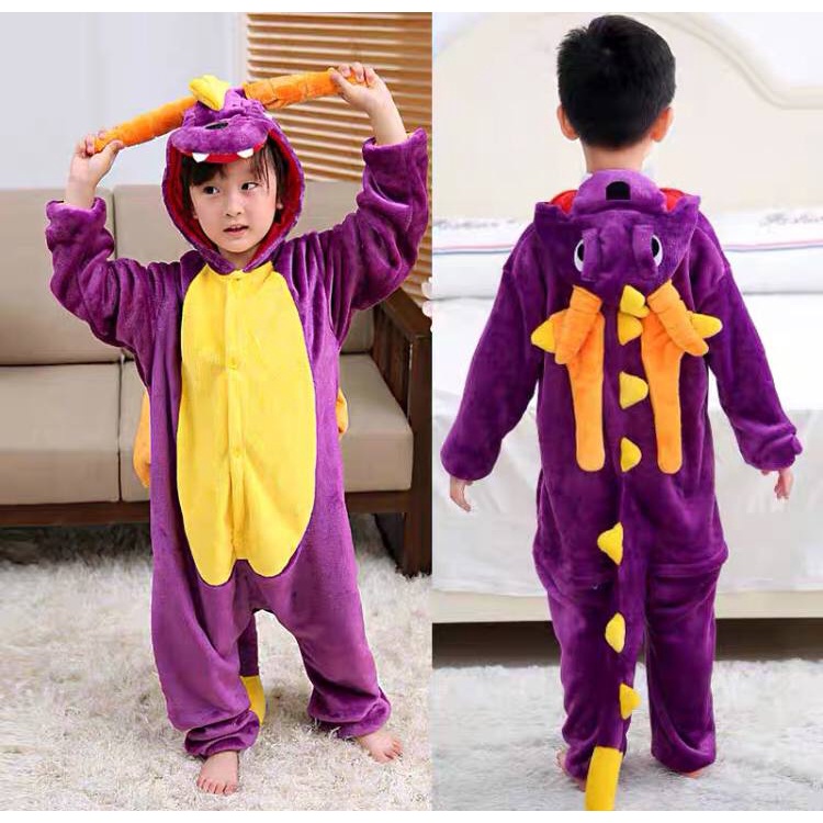 KOSTUM ONESIE DINO DINOSAURUS UNGU GODZILLA PIYAMA COSPLAY ANAK IMPOR