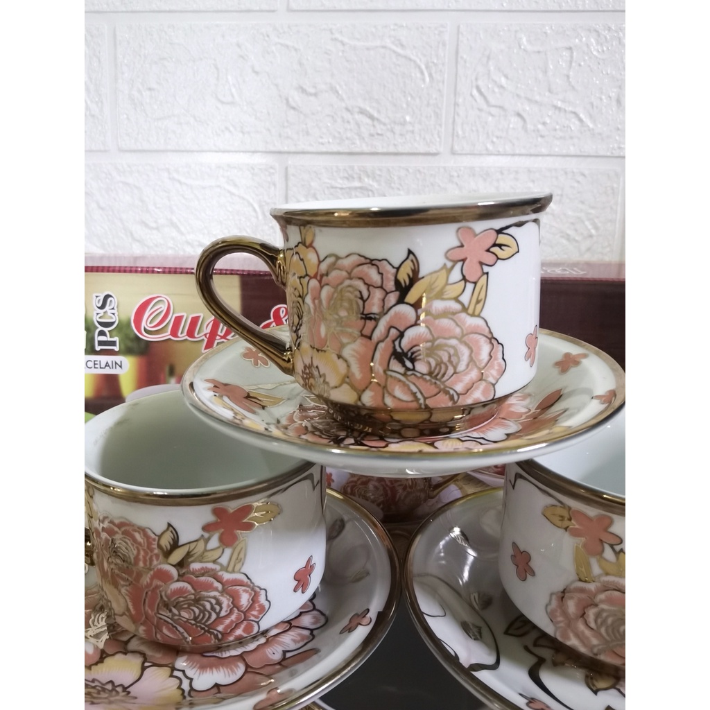 Cangkir Teh 6 pasang motif golden flower taniti / tea set / coffe set / kado gift