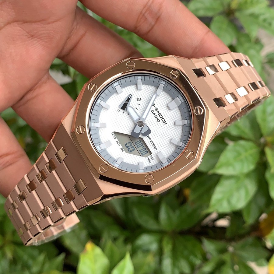 Jam Tangan Gshock GA 2100 White Face Rosegold Chrome 44mm