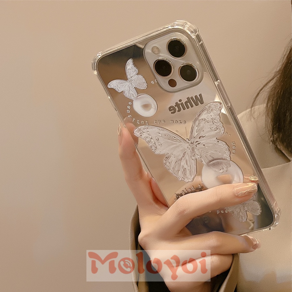 Soft Case TPU Desain Kupu-Kupu Putih Aksen Cermin Kristal Untuk IPhone 7Plus 11 12 13 Pro Max XR 8Plus X XS Max 7 8 SE 2020