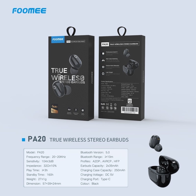 Headset Bluetooth TWS FOOMEE PA20 Wireless stereo Earbuds FOOMEE PA20