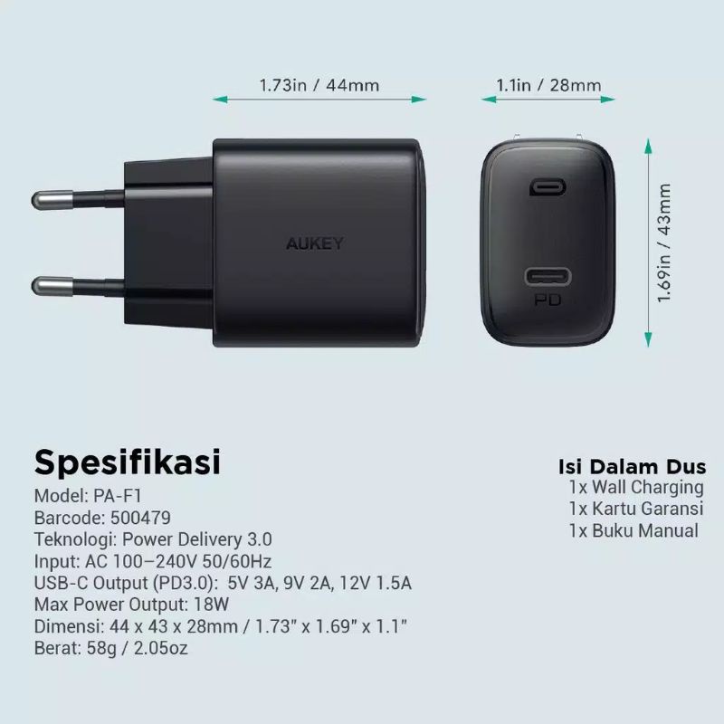 Aukey Adaptor PD Fast Charger GAN 18W