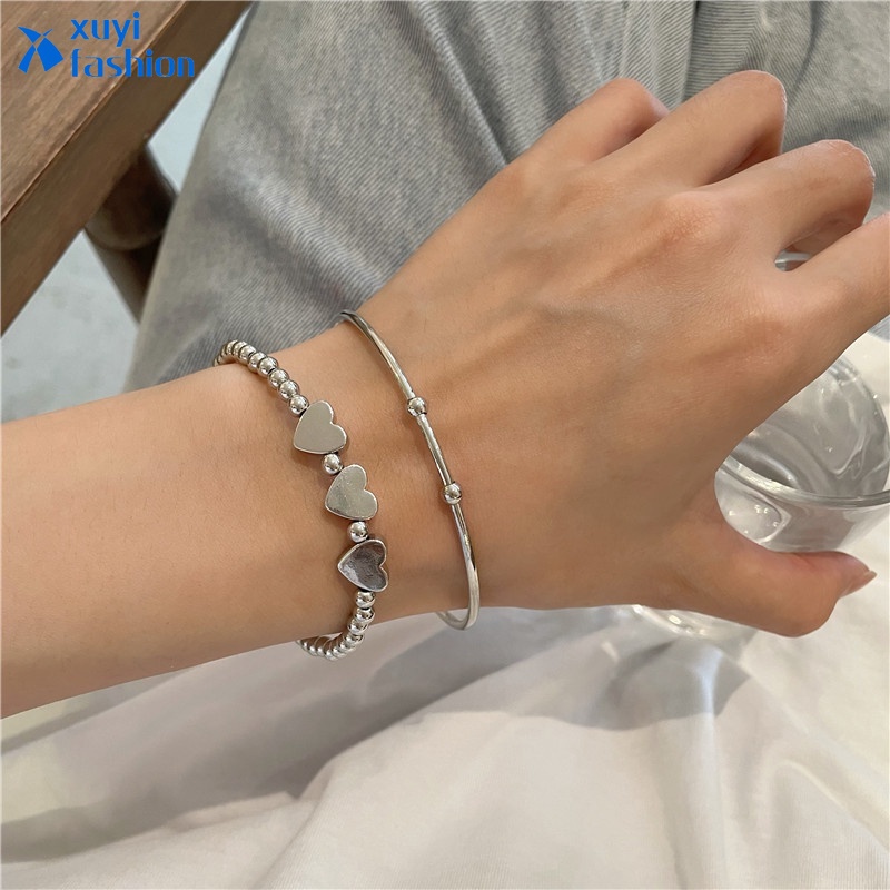 Set Gelang Bangle Open Hias Manik-Manik Hati Warna Silver Untuk Wanita