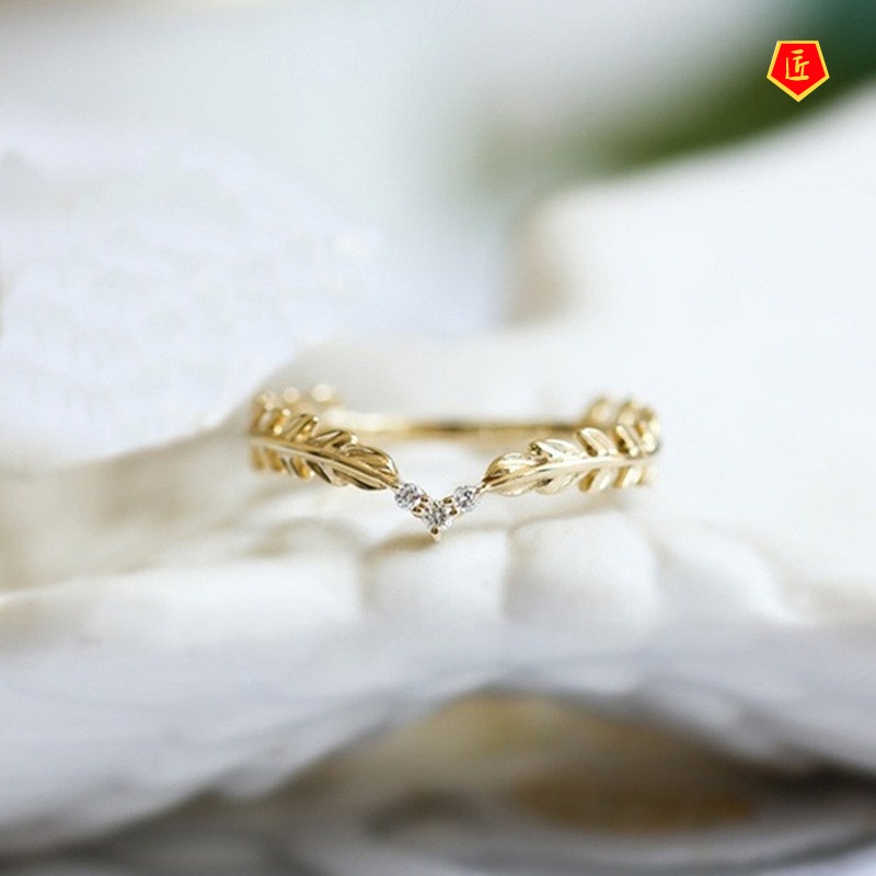 [Ready Stock]Creative Simple Gold Leaf Diamond Ring