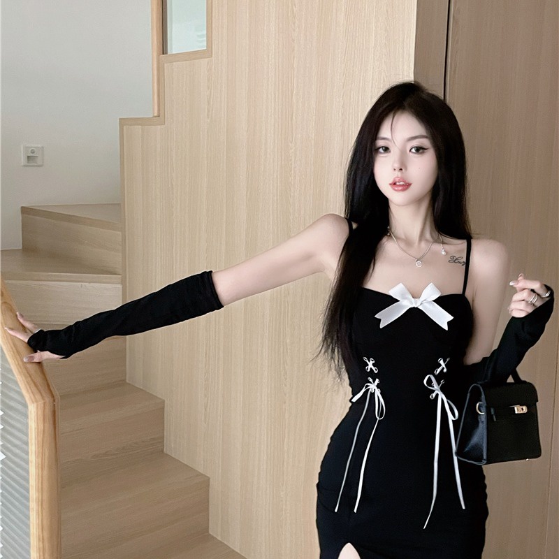 gaun gaya korea wanita split suspender dress hitam backless busur tas rok pendek pinggul