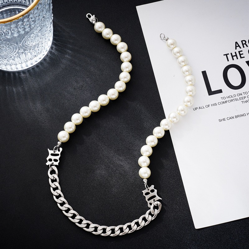 Kalung Titanium Steel Mutiara Korea Perak Choker Unisex