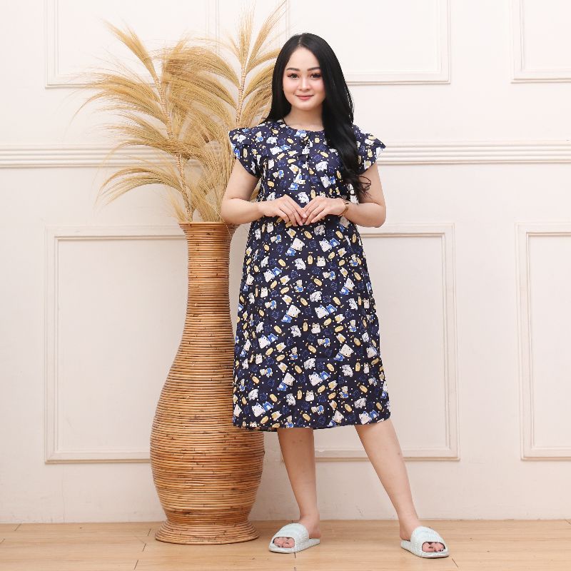 Daster Batik Lengan pendek - Motif Acak / Campur - Leher Kancing /Batik karakter busui-Pikacu navy