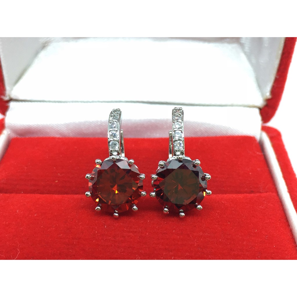 Anting Hoop Silver Batu Bulat Merah Berlian CZ Fashion Korea - BE070M