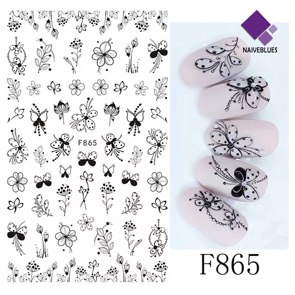 Naiveblue &gt; Stiker Kuku Motif Kupu-Kupu / Bunga Warna Hitam / Putih Untuk Nail Art / Manicure DIY Butterfly