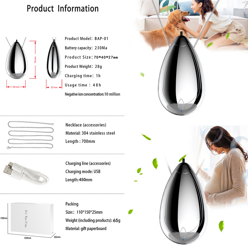 Kalung Air Purifier / Humidifier / Ozone Generator Ion Negatif Mini Dapat Dipakai