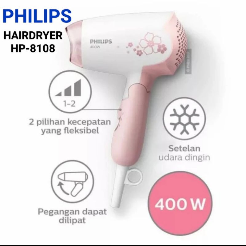 PHILIPS HAIRDRYER 400 WATT HP 8108 PENGERING RAMBUT PORTABLE LIPAT