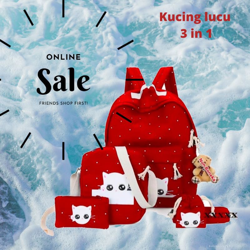 PROMO! Tas Sekolah Motif Kucing 4in1/Tas Anak Perempuan Murah/Tas Anak Tk/Tas Anak SD/Ransel Murah 4