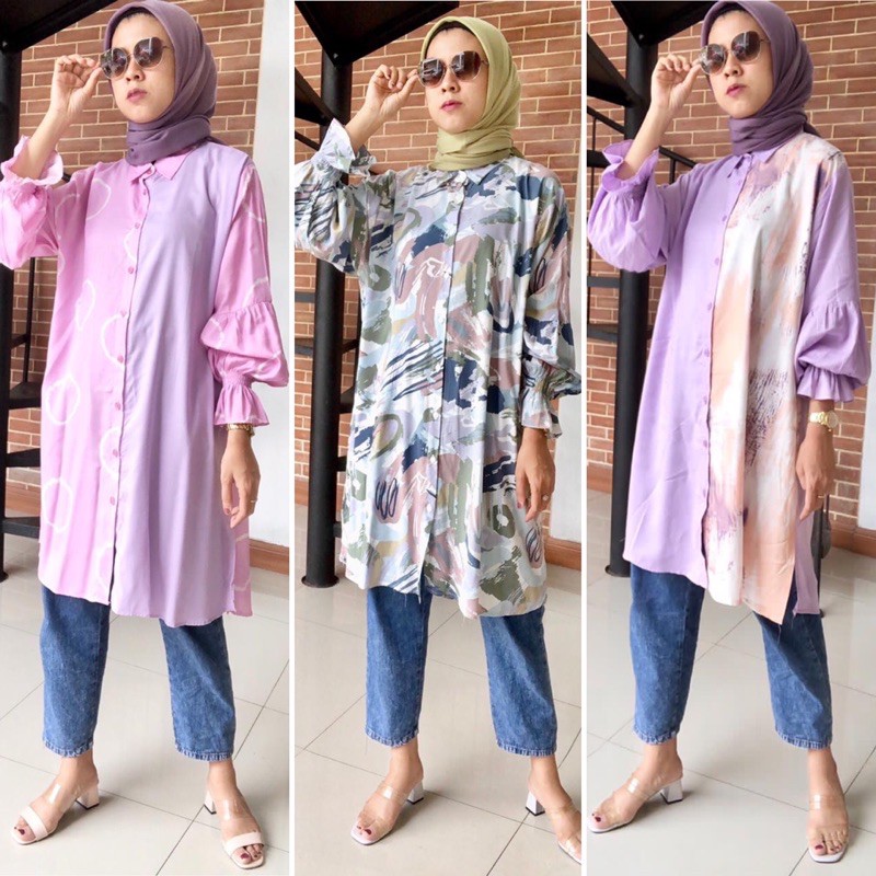 Atasan Wanita Tunik Rayon Jumbo LD 110 Lengan Balon Motif Abstrak Zee Tunic