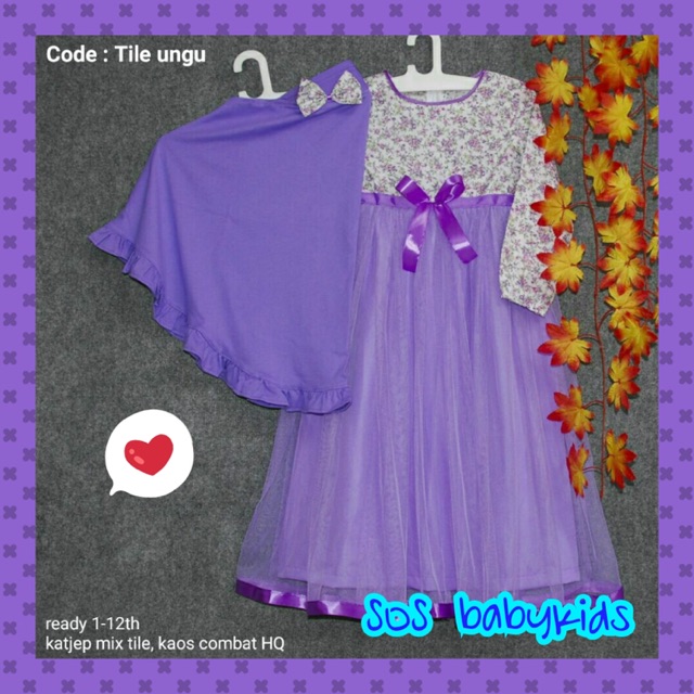 Gaun Muslim anak perempuan tile ungu motif bunga cantik