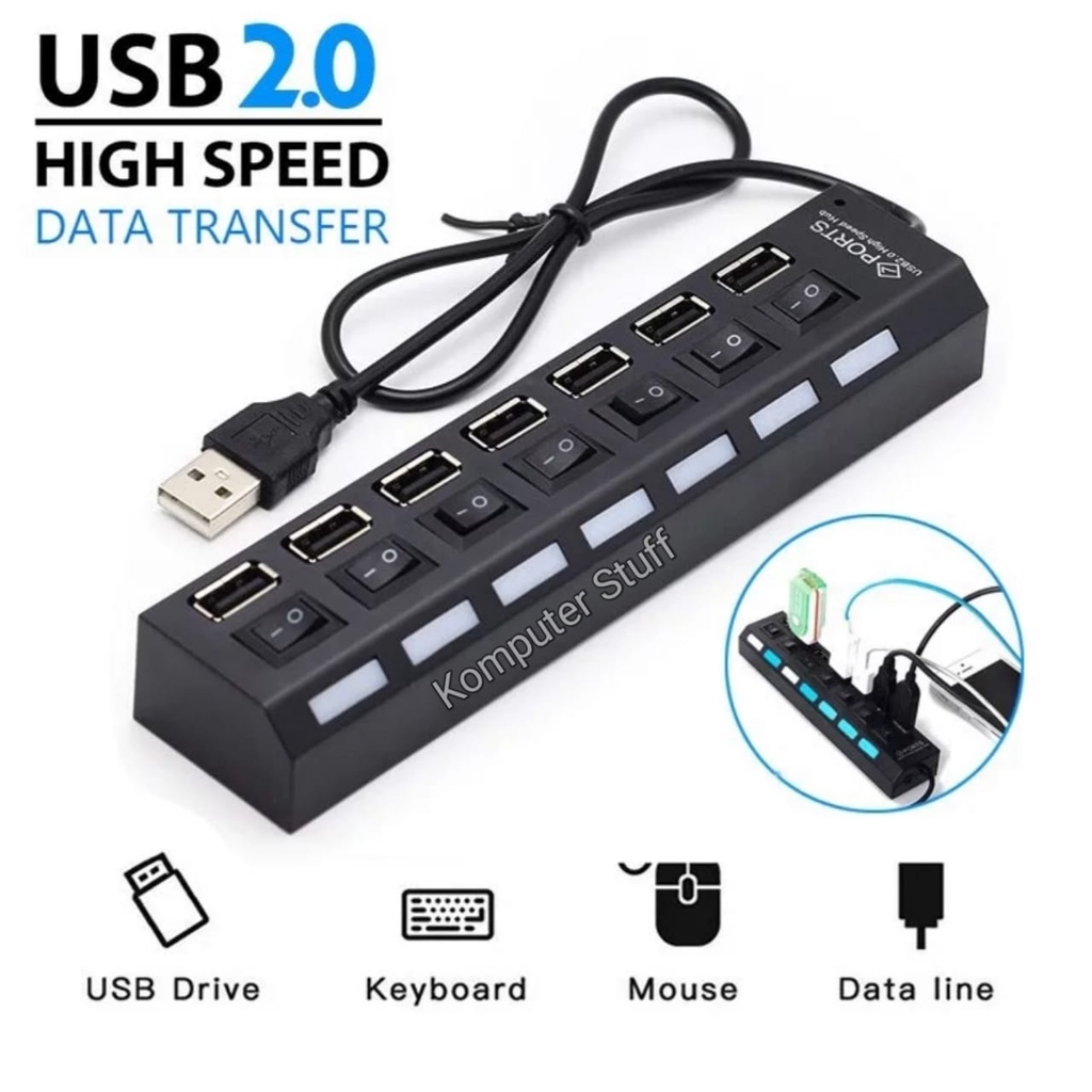 USB HUB 7 Port 2.0 Dengan Saklar Switch On Off LED Light