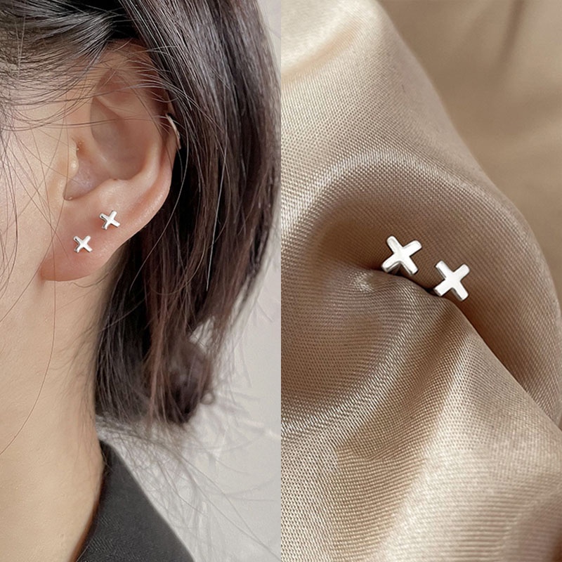 Roselife [1 Pair] S925 Silver Hypoallergenic ➕ Plus Cross Small Stud Earrings