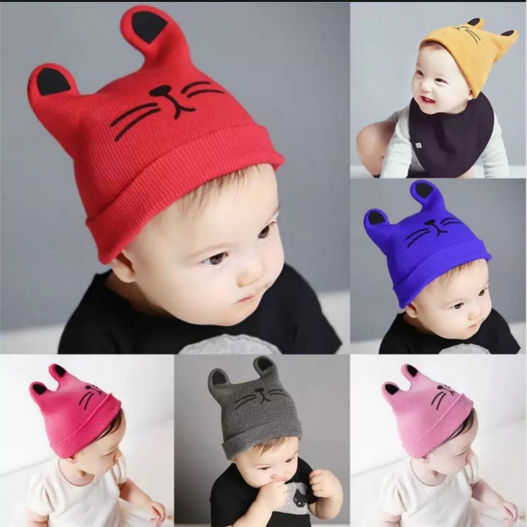 topi koplok bayi motif kucing/ kupluk bayi lucu/kupluk bayi motif terbaru 0-4 tahun / kupluk rajut.