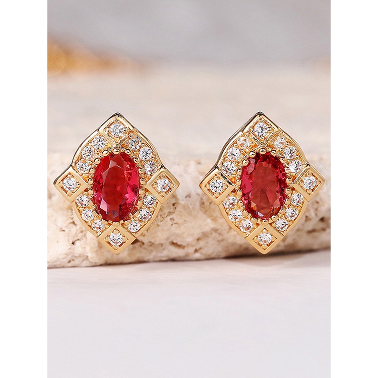 Anting Stud Cubic Zirconia Warna Merah Gaya Vintage Untuk Wanita