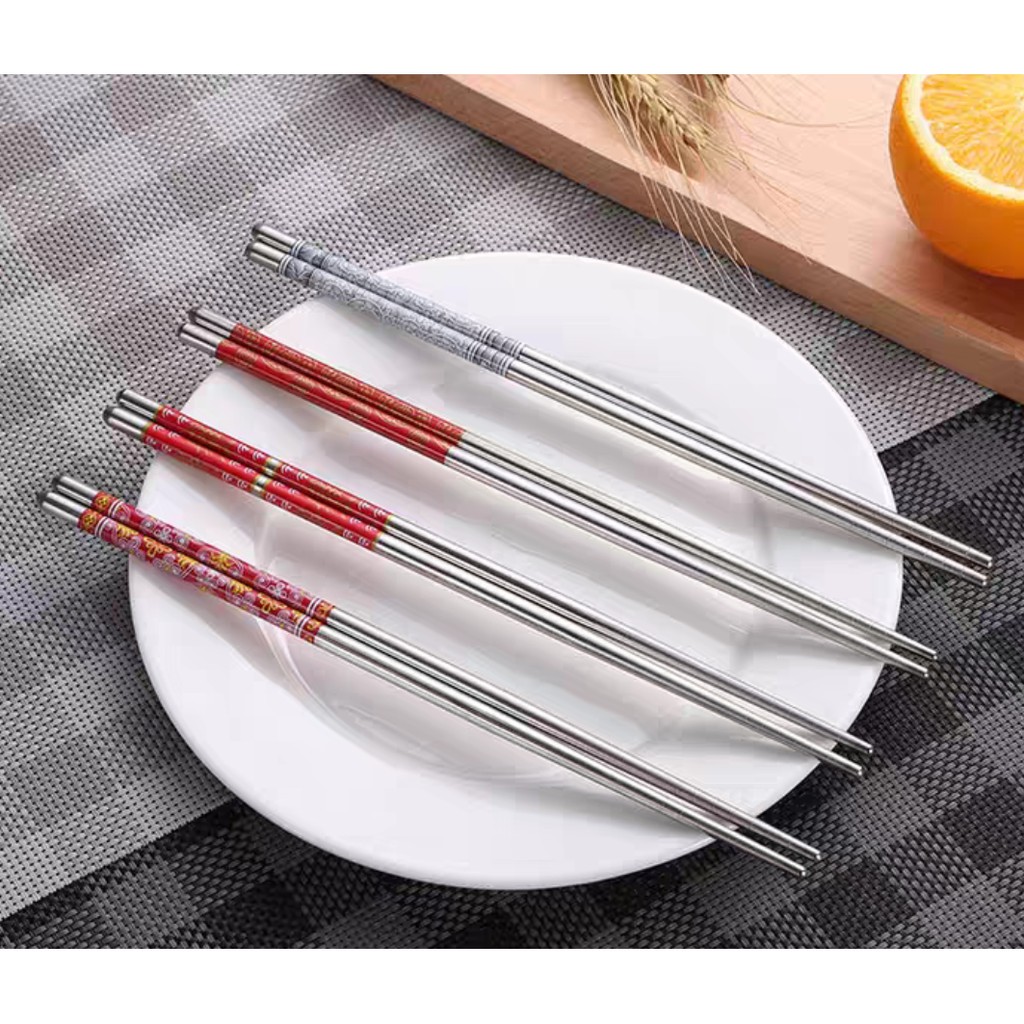 Sumpit Chopstick Stainless Steel Original Import Korea Sepasang Polos Motif Abu Motif Merah