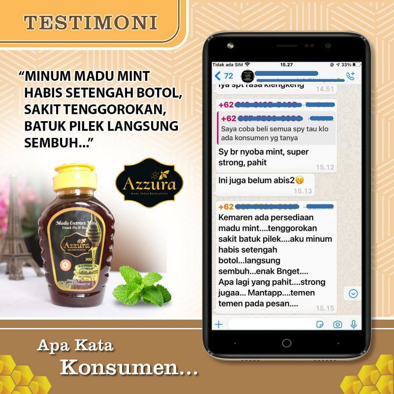 Madu Extract Mint Madu Herbal Azzura | Madu Flu Batuk Pernafasan dan Hidung Tersumbat [ 300/450/500 gram ]-4