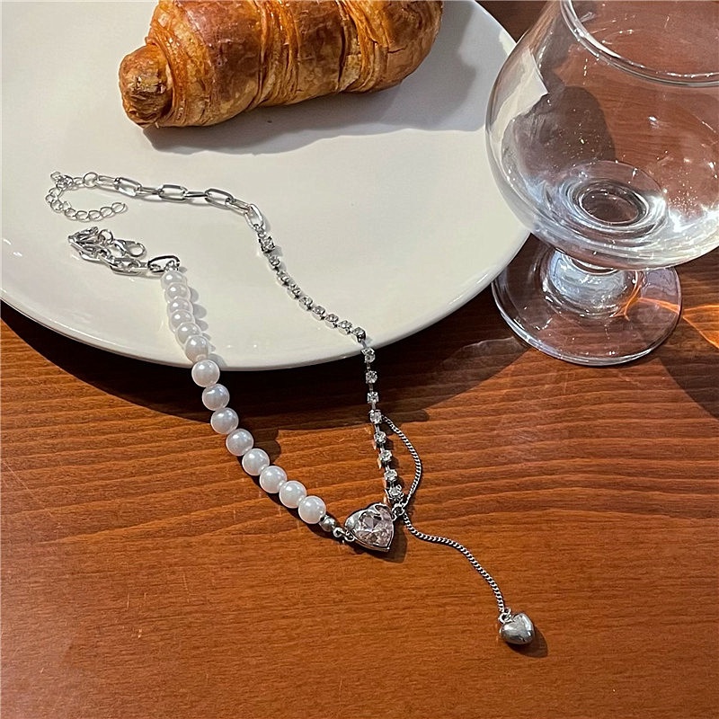 Kalung Rantai Klavikula Desain Hati Aksen Mutiara Gaya Korea Untuk Aksesoris
