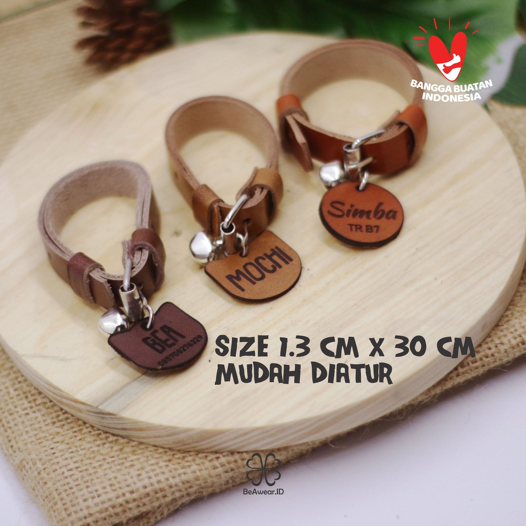 Kalung Kucing  Nama 100% Kulit Asli Free Custom dan Lonceng