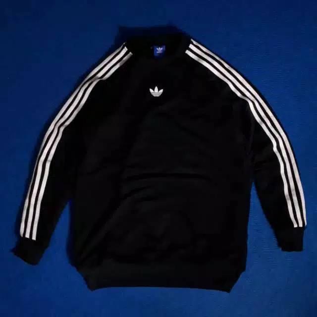JAKET ADIDAS HITAM STRIP PUTIH CREWNECK