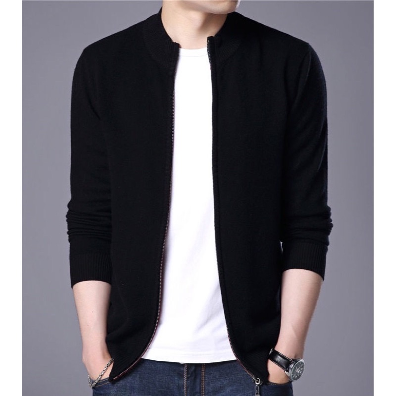 Zilong Zipper Jacket Blackforest / Black Sweater Pria dan Wanita Rajut / Jaket Resleting Hitam Rajut