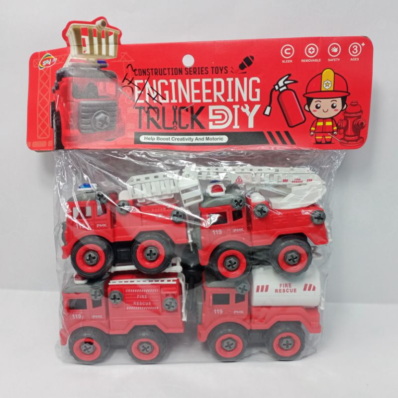 Mainan Edukasi Bongkar Pasang Mobil Pemadam Kebakaran / Mobil PMK / Fire Rescue Set Isi 4pcs